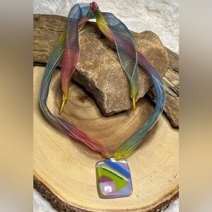 Fused glass pendant/ multicolored ribbon tie on necklace